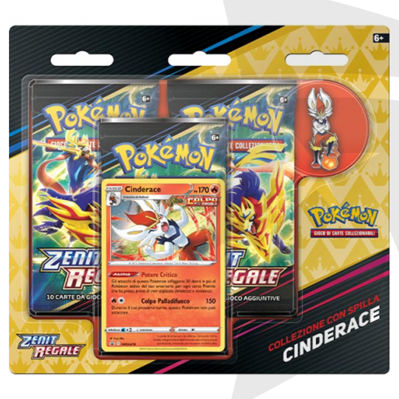 Blister da 3 bustine + Spilla Cinderace - Spada e Scudo Zenit Regale - ITA